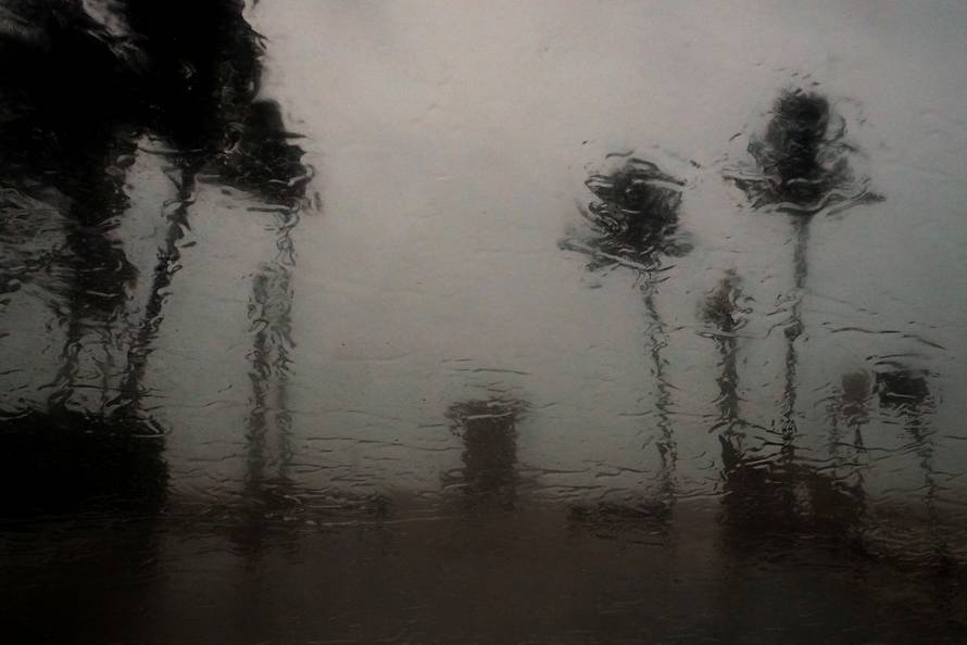 A lifeguard hut is pictured though a vehicle window as Hurricane Irma arrives in Hollywood, Florida