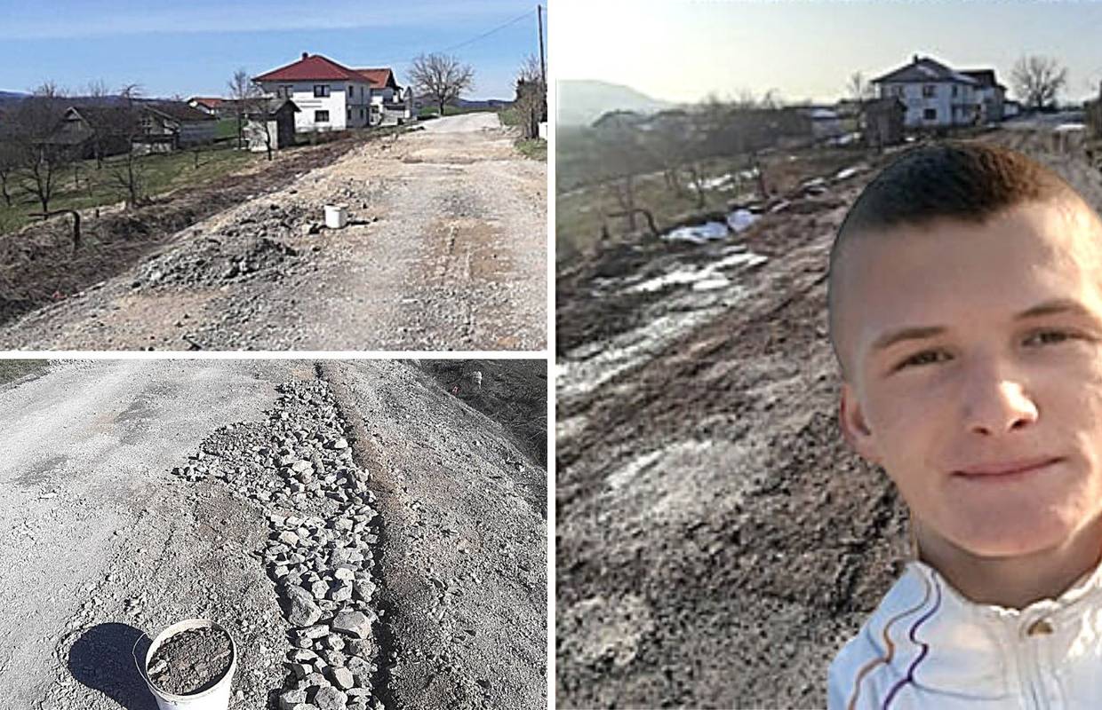 Dječak iz BiH popravlja rupetine na cesti. Unajmio i stroj da bi taj pijesak učvrstio. Svi ga hvale
