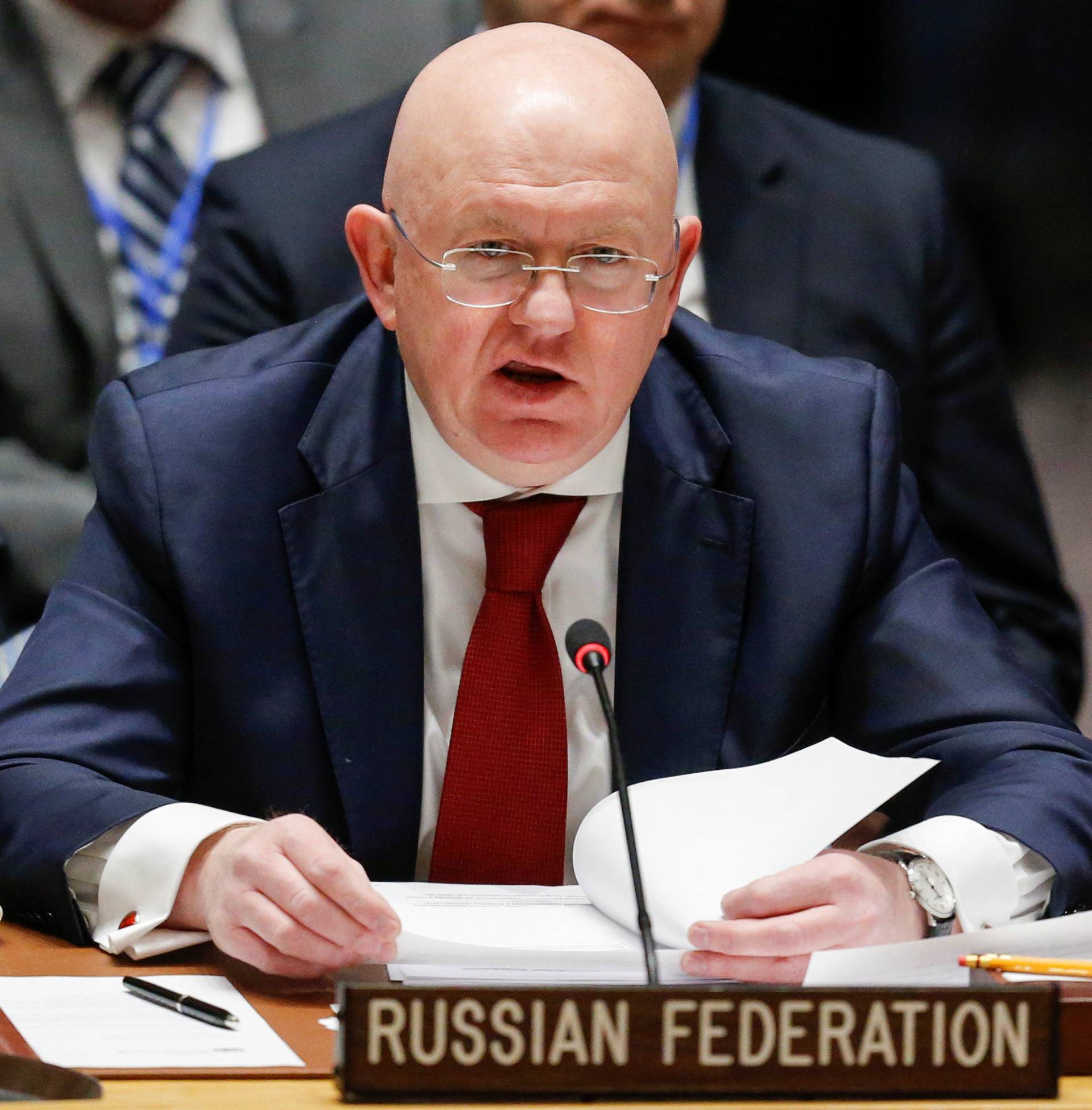 Russian Ambassador to the United Nations Nebenzya speaks during the emergency United Nations Security Council meeting on Syria at the U.N. headquarters in New York