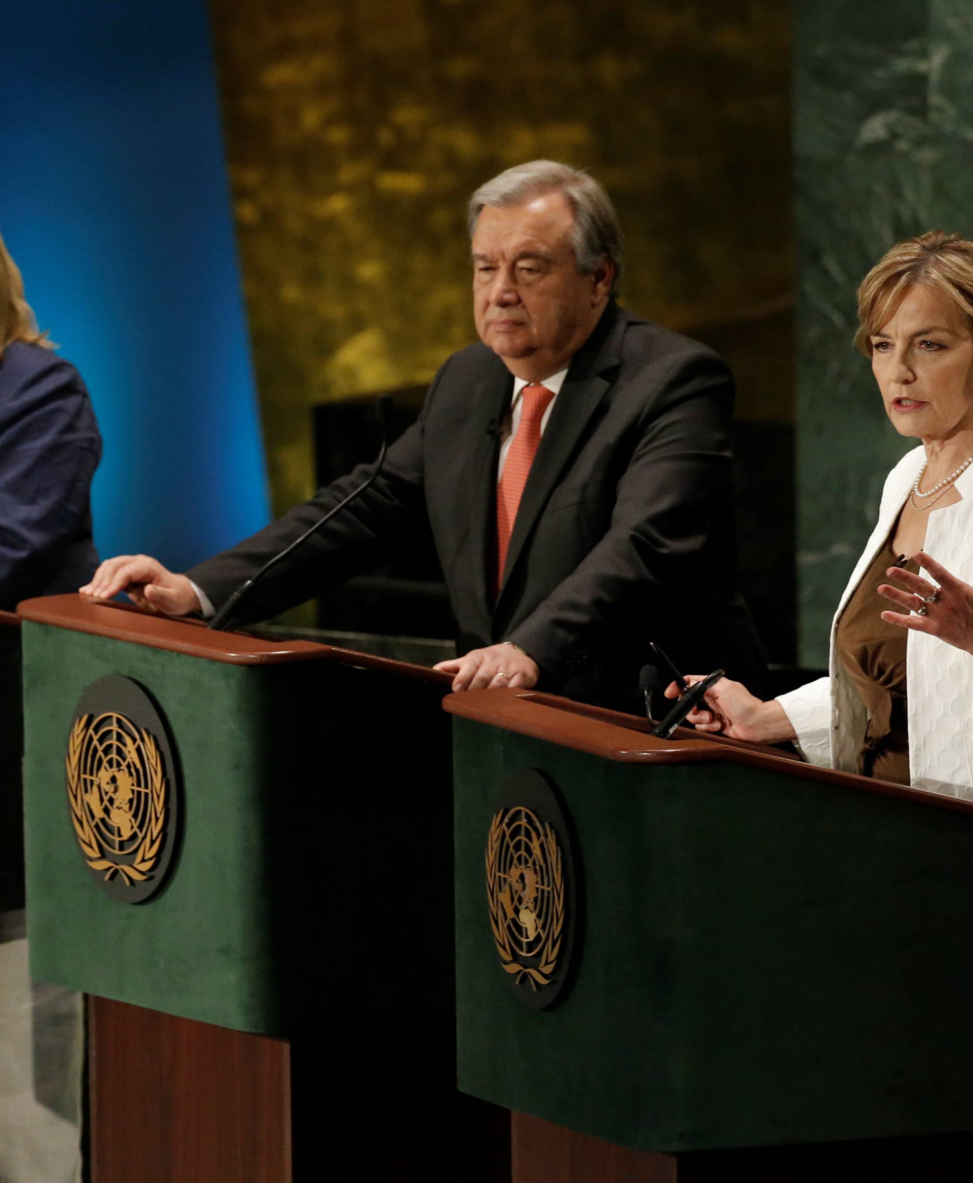 Former Croatian Foreign Minister Vesna Pusic speaks during a debate in the United Nations General Assembly between candidates vying to be the next U.N. Secretary General at U.N. headquarters in New York