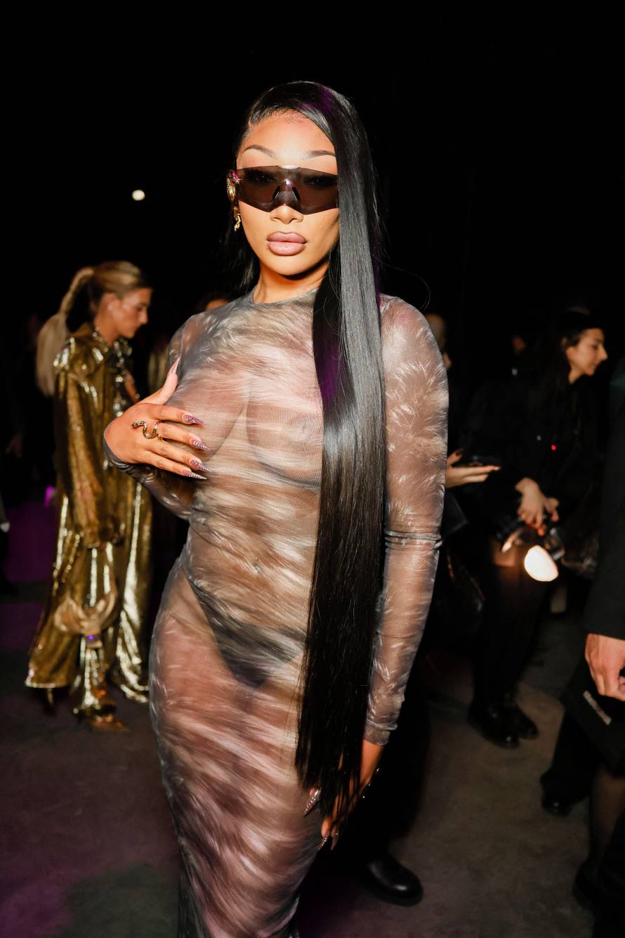 MILAN, ITALY - FEBRUARY 26: Megan Thee Stallion poses before the runway of Roberto Cavalli show during the Milan Fashion Week - Womenswear Fall/Winter 2026/2027 on February 26, 2026 in Milan, Italy. Photo by Marco Piovanotto/Abacapress.com Credit: Abaca P