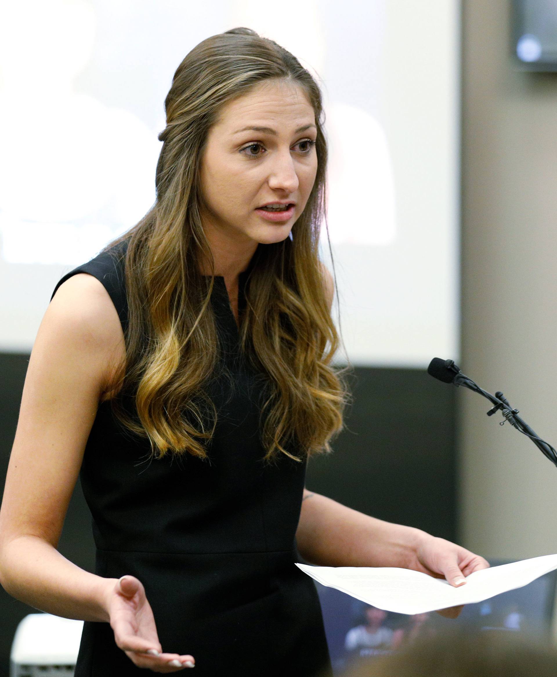 Kyle Stephens delivers a victim impact testimony during a sentencing hearing for Dr. Larry Nassar in Lansing