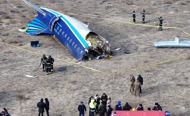 A drone view shows the crash site of a passenger plane near Aktau