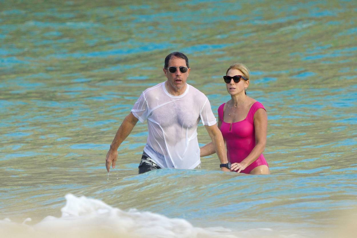 PREMIUM EXCLUSIVE: Jerry Seinfeld, 68, and his wife Jessica, 51, are seen taking a dip in the ocean at Gourverneur beach while on vacation during the festive period in St Barts