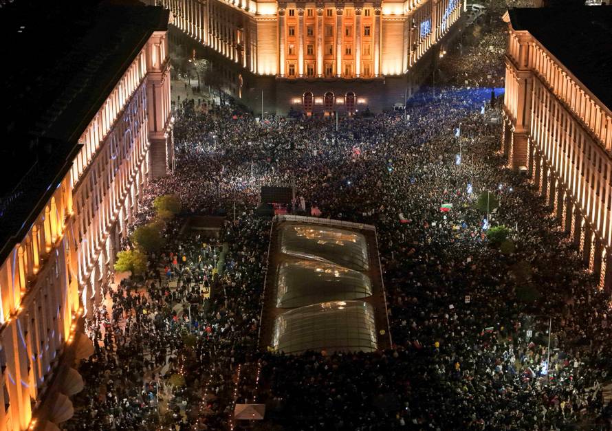 FILE PHOTO: A drone view shows protesters demonstrating outside the parliament during an anti-government rally in Sofia