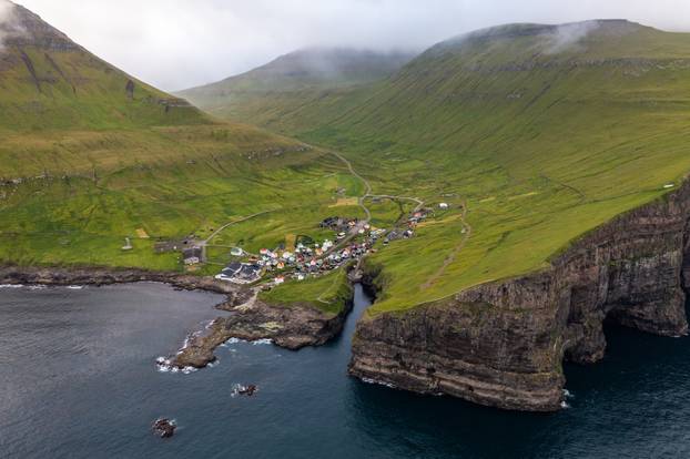 Aerial View of Scenic Village in Faroe Islands During Late Summer