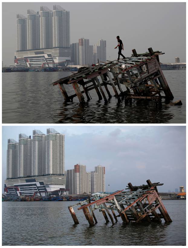 A combination picture shows the wreckage of a wooden boat in North Jakarta