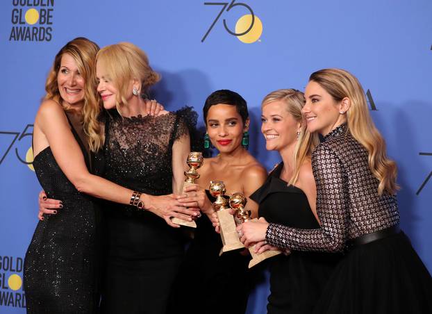 FILE PHOTO: Laura Dern, Nicole Kidman, Zoe Kravitz, Reese Witherspoon and Shailene Woodley pose backstage during the 75th Golden Globe Awards in Beverly Hills