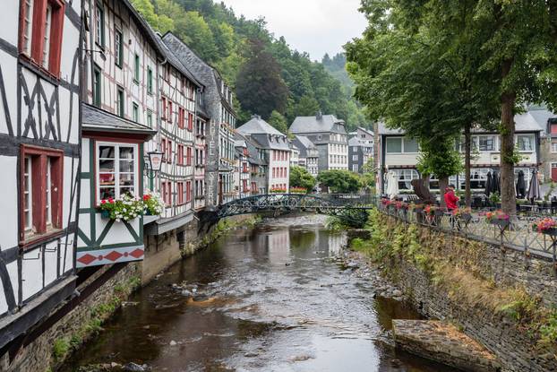 Monschau, Germany - august 16, 2021: the picturesque town of Monschau on a rainy day