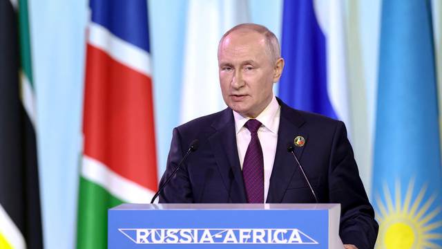 Russian President Vladimir Putin delivers a statement at a the final day of the Russia-Africa summit in Saint Petersburg