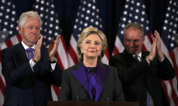 Hillary Clinton addresses her staff and supporters about the results of the U.S. election at a hotel in New York