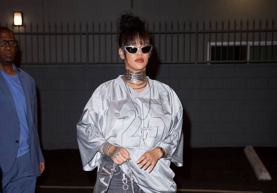 EXCLUSIVE - Rihanna Scores a Touchdown in Silver Football Jersey as She Hits the Studio to Prepare for Her Superbowl Performance, Los Angeles, California, USA - 09 Oct 2022