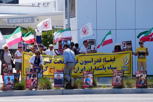 Protest ahead of Iran's first match during the FIFA World Cup 2026, near SoFi Stadium