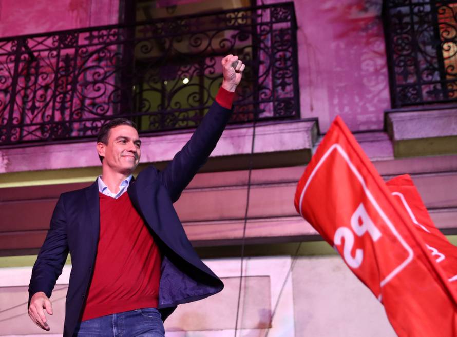 Spain's acting Prime Minister and Socialist Party leader (PSOE) candidate Pedro Sanchez speaks to supporters during Spain's general election at party headquarters in Madrid