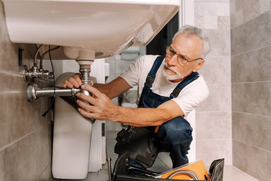 Focused,Plumber,Wearing,Overalls,Is,Repairing,A,Bathroom,Sink,,Demonstrating