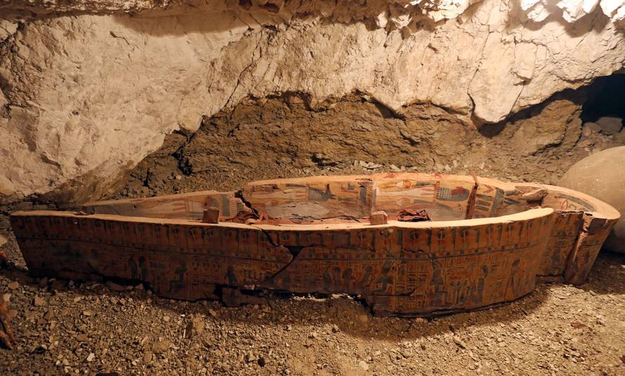 A coffin is seen in the recently discovered tomb of Amenemhat, a goldsmith from the New Kingdom, at the Draa Abu-el Naga necropolis near the Nile city of Luxor