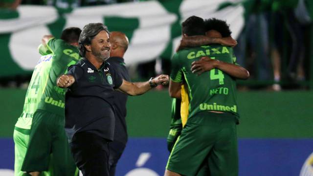 File picture of head coach Caio Junior of Chapecoense celebrating with his players after their match against San Lorenzo  in the Copa Sudamericana at the Arena Conda stadium in Chapeco