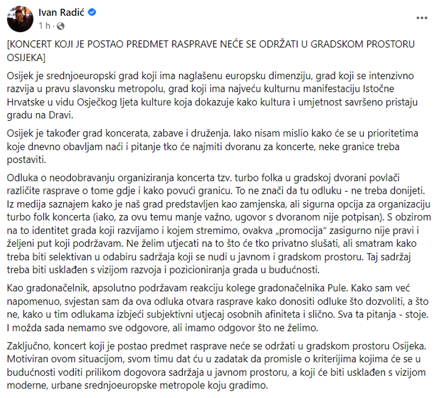 Turbofolk koncerta neće biti ni u Osijeku, gradonačelnik Radić: 'Podržavam svog kolegu iz Pule'