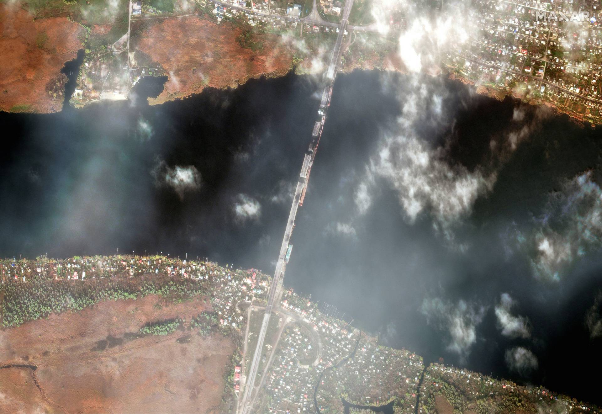 Satellite images show an overview of damaged Antonivskiy bridge in Kherson
