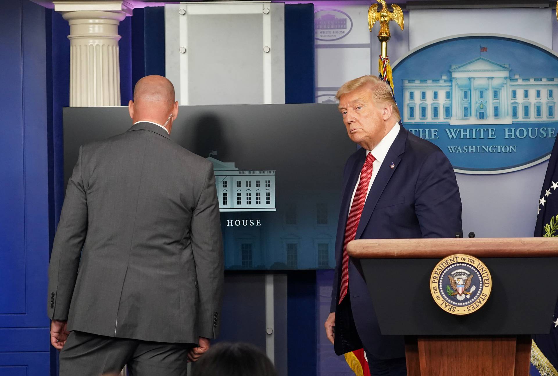 U.S. President Donald Trump leaves a coronavirus disease (COVID-19) pandemic briefing at the White House