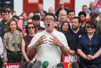 Former Greater Manchester Mayor Burnham addresses members and supporters of the Labour Party after winning the Makerfield by-election