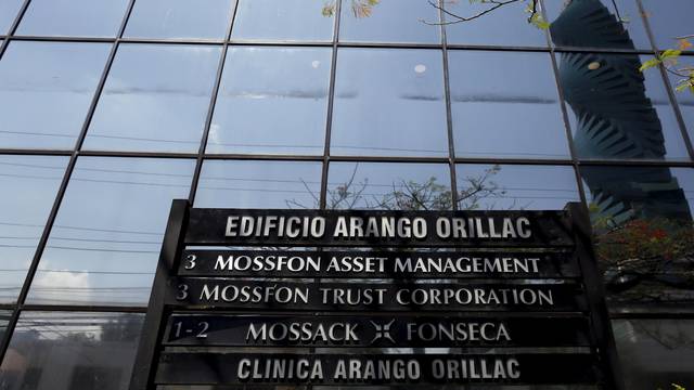 A company list showing the Mossack Fonseca law firm is pictured on a sign at the Arango Orillac Building in Panama City