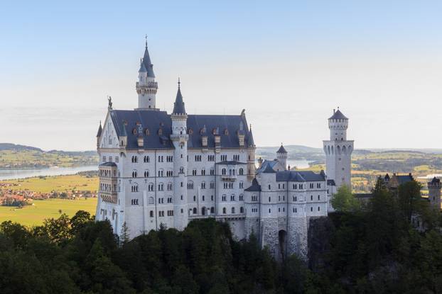 Panorama with Neuschwanstein Castle and lake Forggensee in the background, Germany