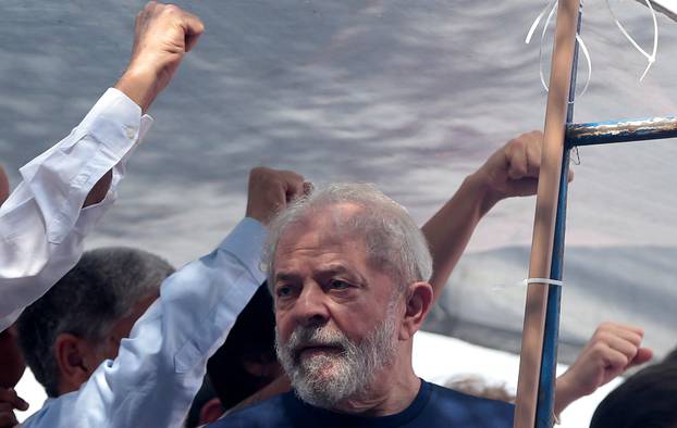 Former Brazilian President Luiz Inacio Lula da Silva attends a protest in front of the metallurgic trade union in Sao Bernardo do Campo