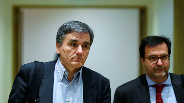 Greek Finance Minister Tsakalotos arrives at a eurozone finance ministers meeting in Brussels