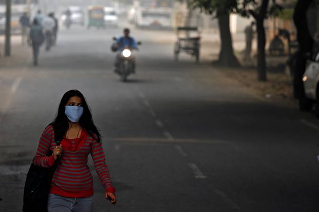 A woman walks along the road on a smoggy morning in New Delhi
