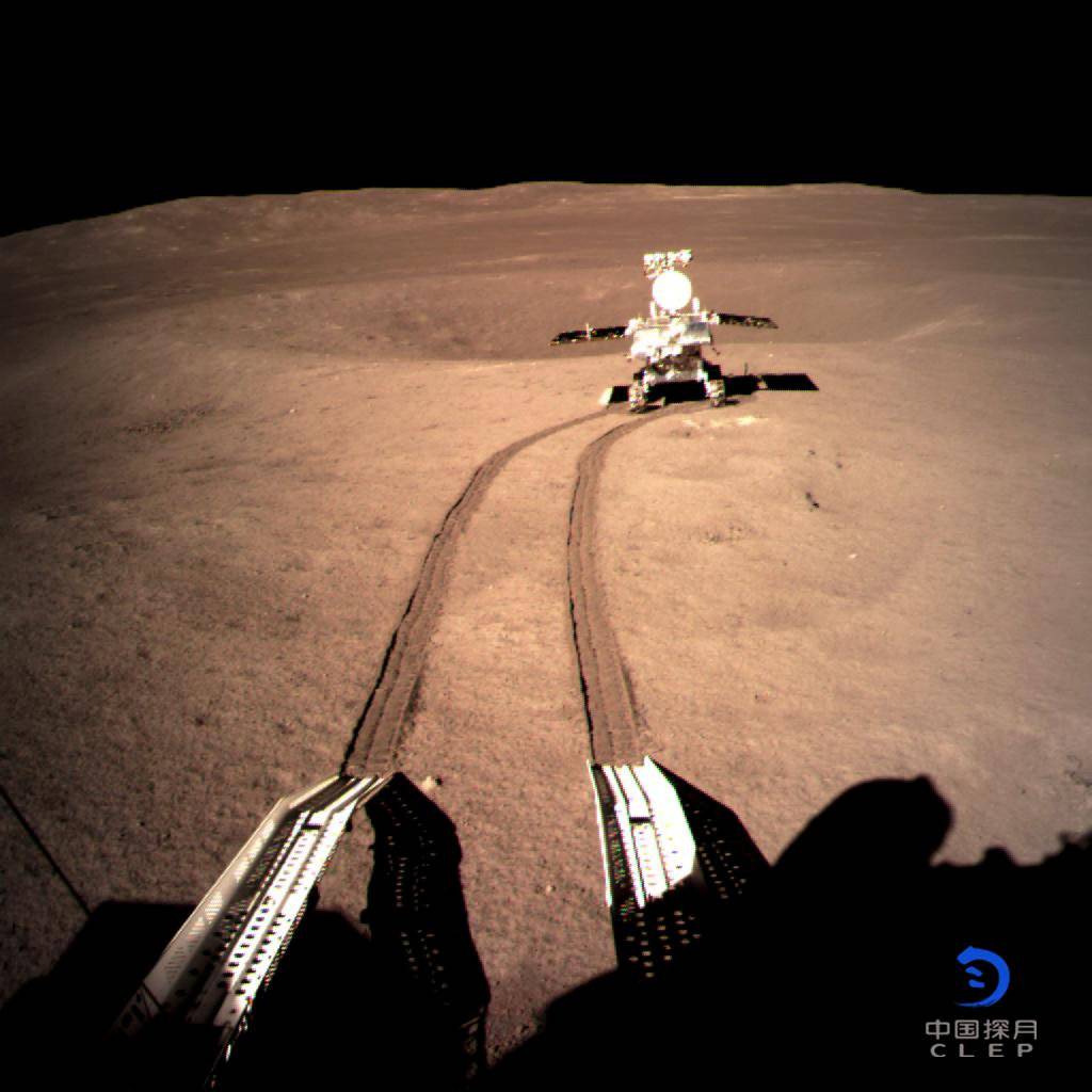 China's lunar roverÂ Yutu-2 or Jade Rabbit 2 rolling onto the far side of the moon taken by the Chang'e-4 lunar probe is seen in this image provided by China National Space Administration
