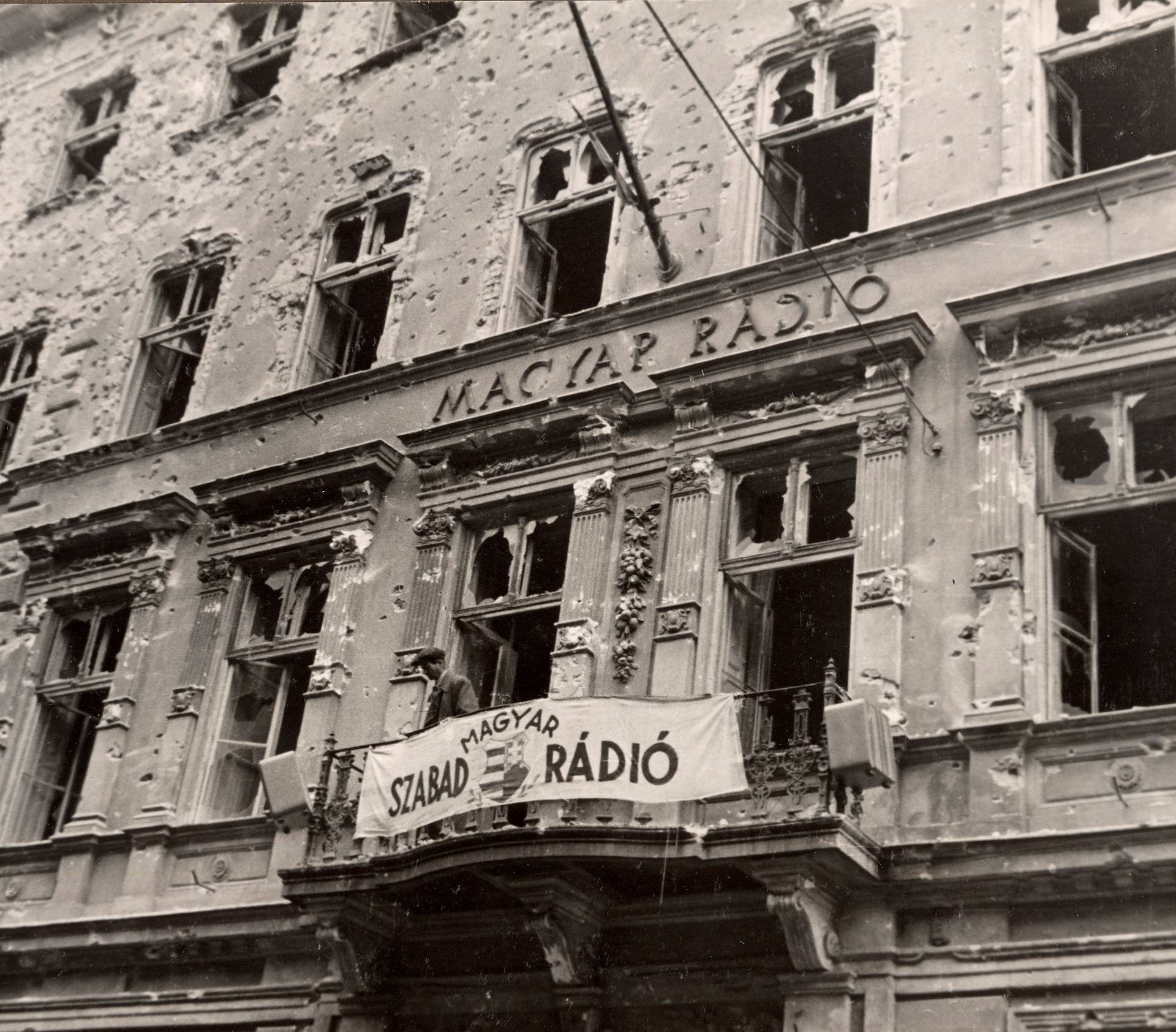 A general view shows the building of the national radio station covered in bullet holes in central Budapest at the time of the uprising against the Soviet-supported Hungarian communist regime in 1956