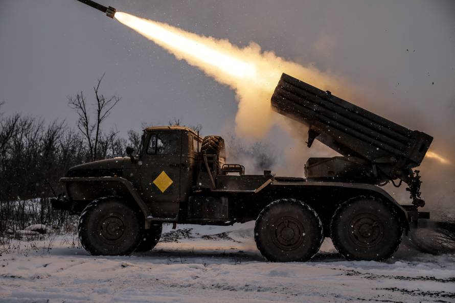 Ukrainian servicemen fire a Grad MLRS towards Russian troops near the frontline town of Chasiv Yar