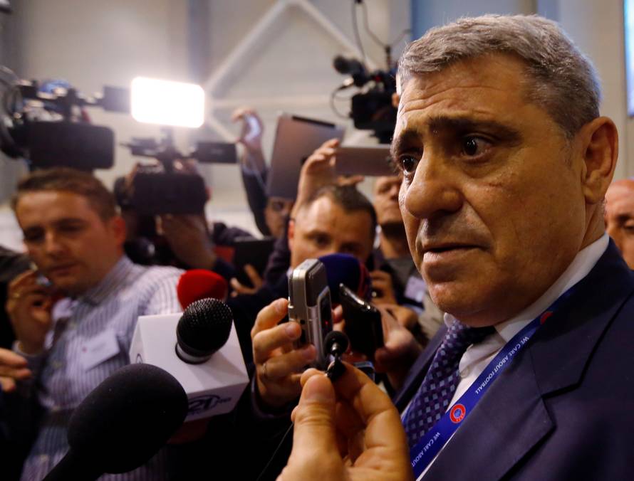 Representative of the Kosovo Soccer Federation Fadil Vokrri talks to the media after UEFA admitted Kosovo as its newest member iduring the 40th Ordinary UEFA Congress in Budapest