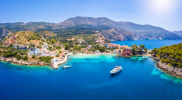 Aerial,View,To,The,Beautiful,Fishing,Village,Of,Assos,On
