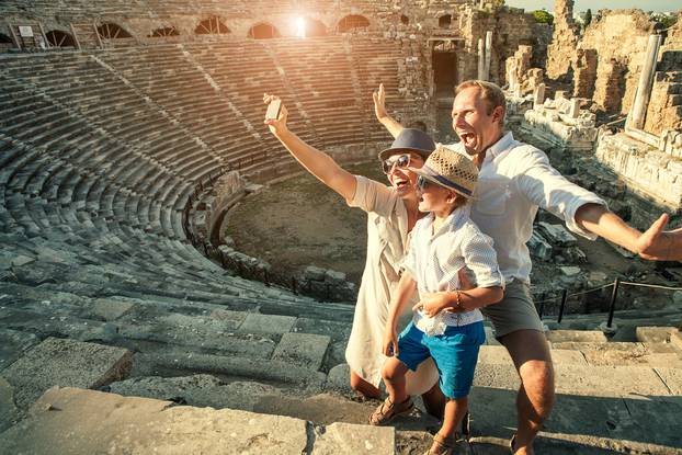 Funny,Family,Take,A,Self,Photo,In,Amphitheater,Building.side,turkey