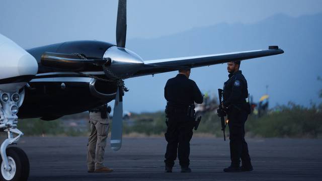 A plane believed to have carried Mexican drug lord Mexican drug lord Ismael "El Mayo" and Joaquin Guzman Lopez arrested in El Paso, is seen in Santa Teresa