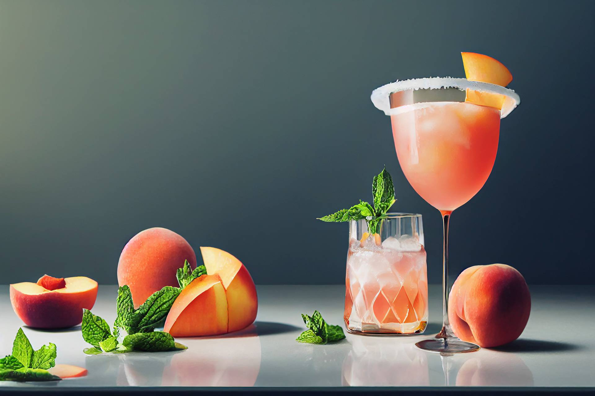 Peach bellini champagne cocktail, food photography, photorealistic illustration