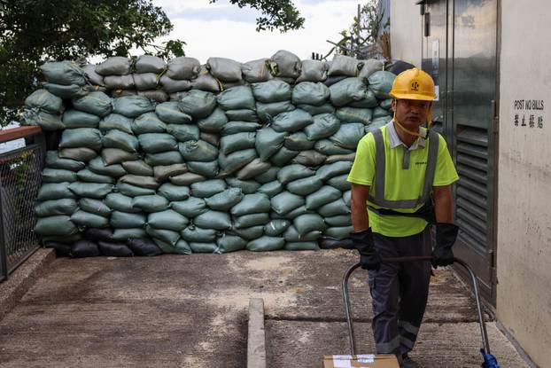 Sand bags are placed in preparation for Super Typhoon Ragasa, in Hong Kong