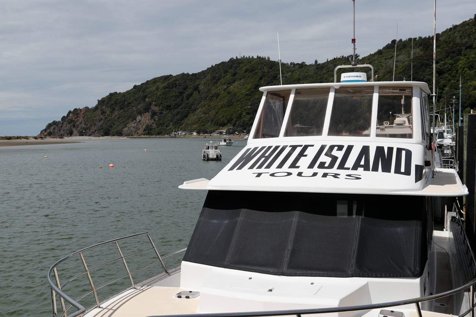 A tour operator's boat to White Island is seen at the harbour in Whakatane