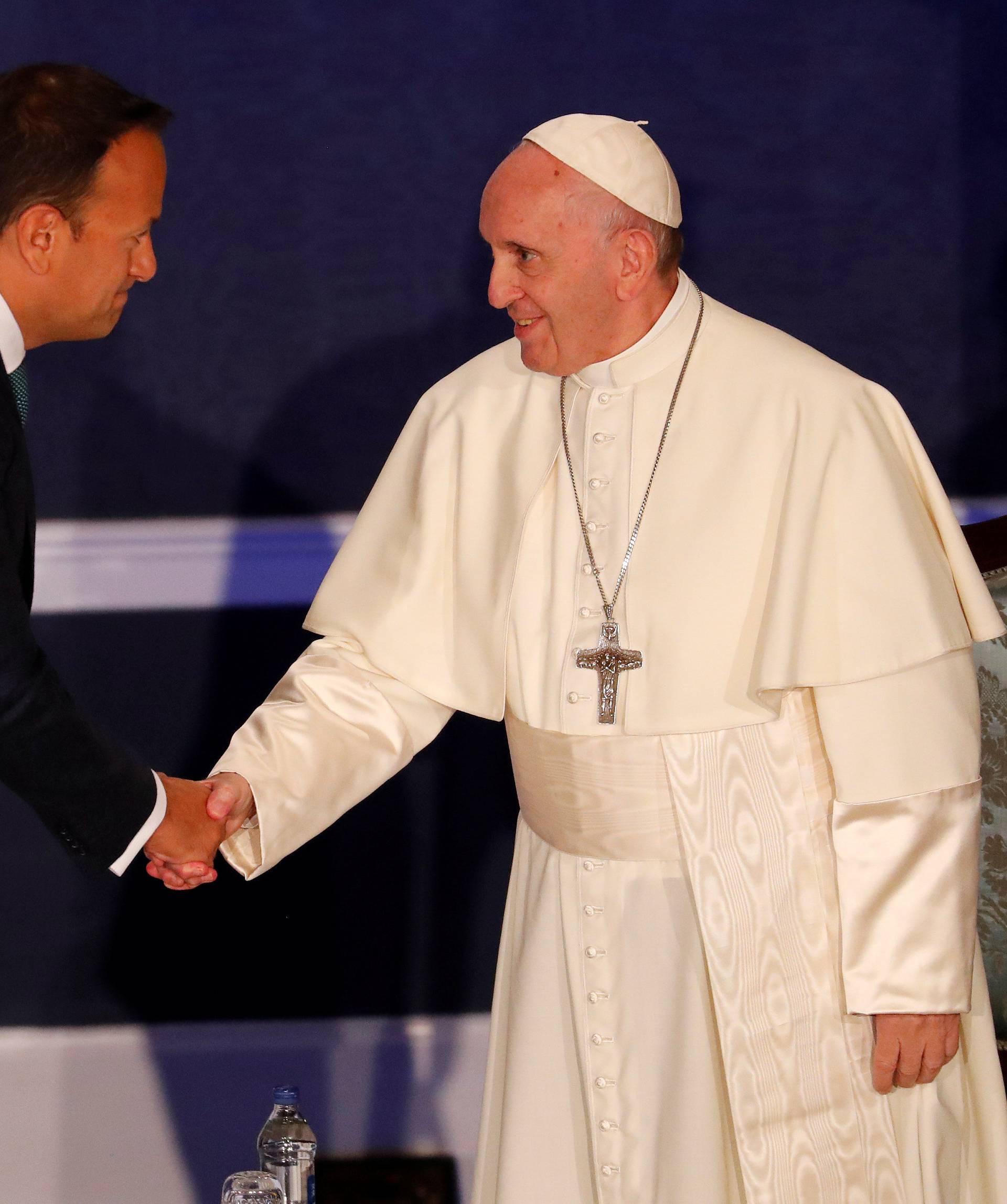 Pope Francis is greeted by Taoiseach Leo Varadkar at Dublin Castle during his visit to Dublin