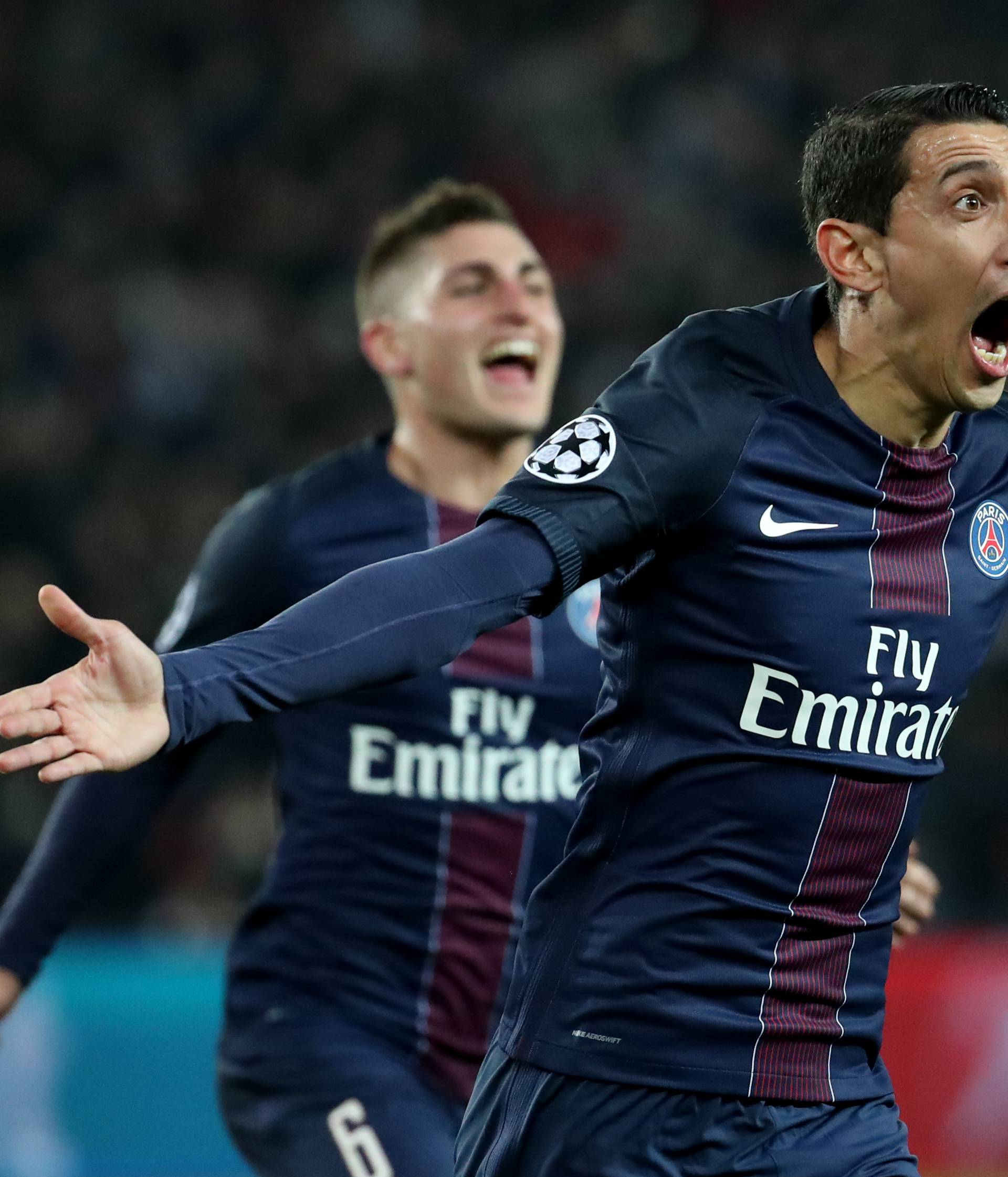 Paris Saint-Germain's Angel Di Maria celebrates scoring their first goal