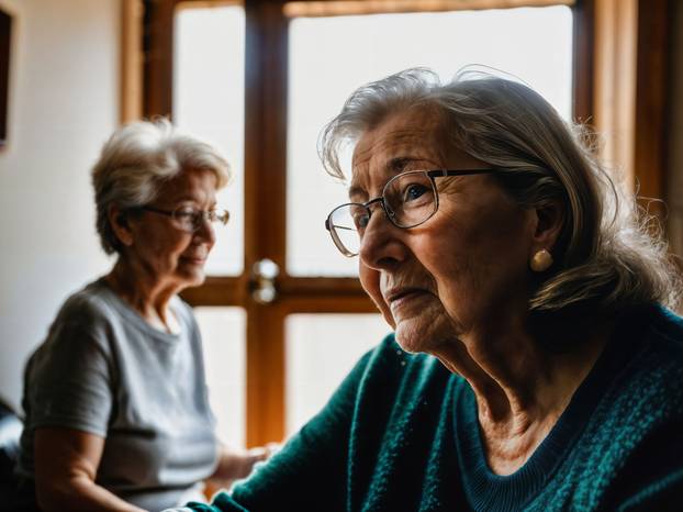 photo of woman take care senior woman at home, generative AI