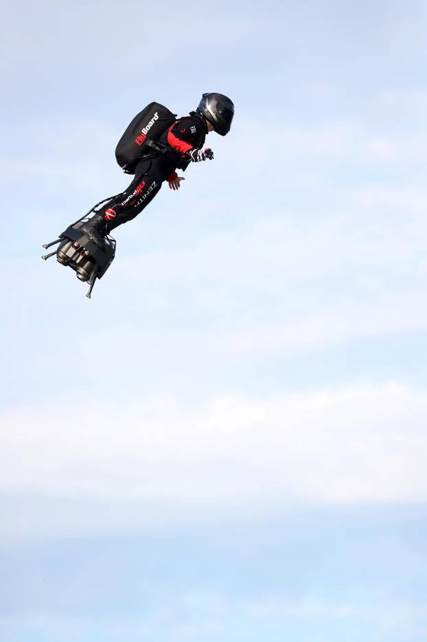 French inventor Franky Zapata takes off on a Flyboard for a second attempt to cross the English channel from Sangatte to Dover, in Sangatte