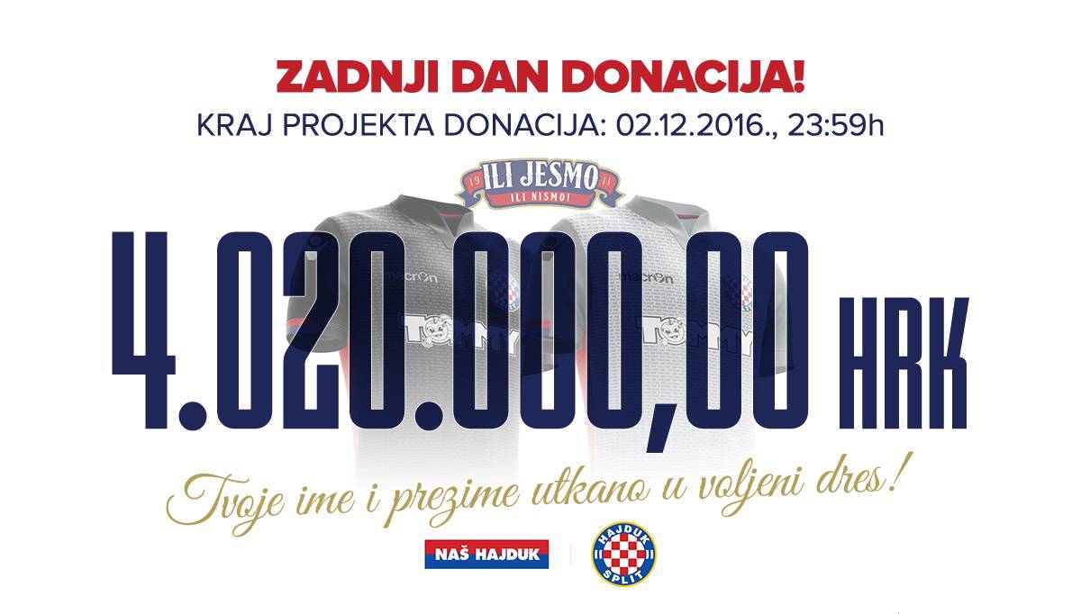 Naš Hajduk do danas prikupio nevjerojatnih 4 milijuna kuna!