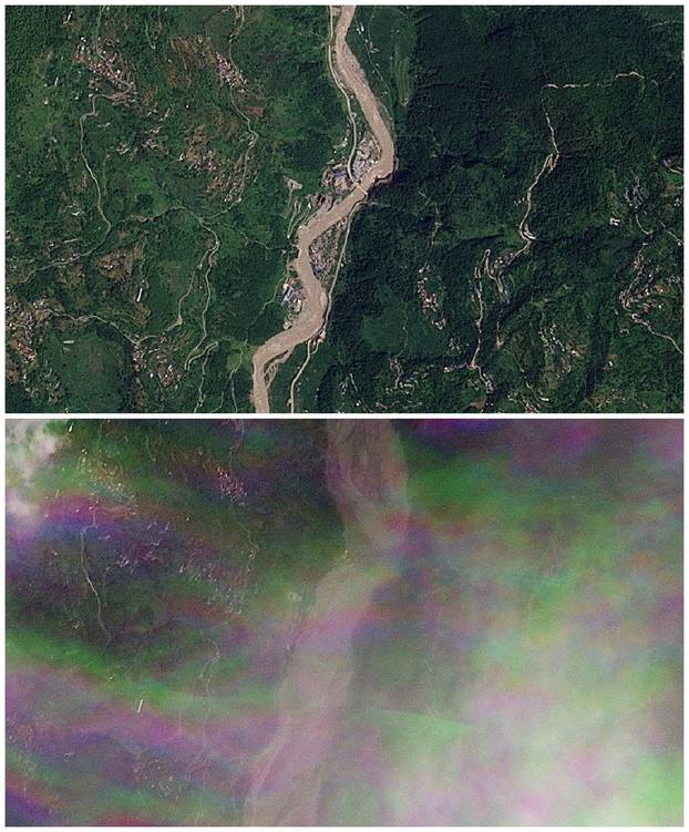 A combination of satellite images show Manakamana before and after a flash flood