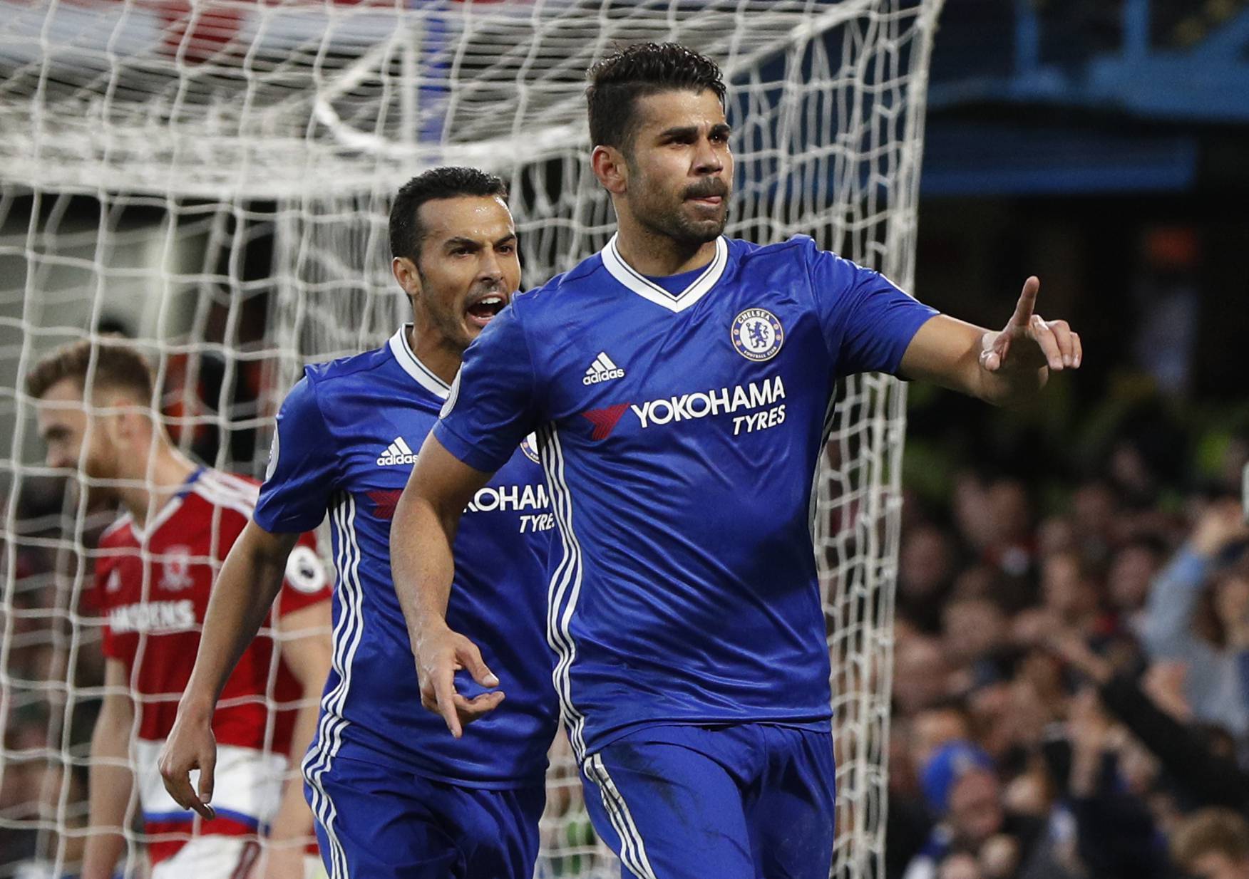 Chelsea's Diego Costa celebrates scoring their first goal with Pedro