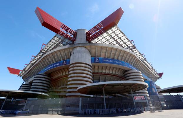 A general view of the San Siro stadium with the UEFA Champions League Final 2016 banners in Milan