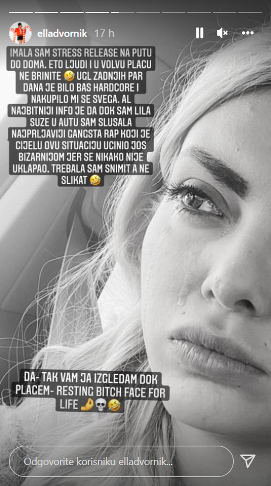 Ella Dvornik u suzama: 'Eto, ljudi i u Volvu plaču, ne brinite'