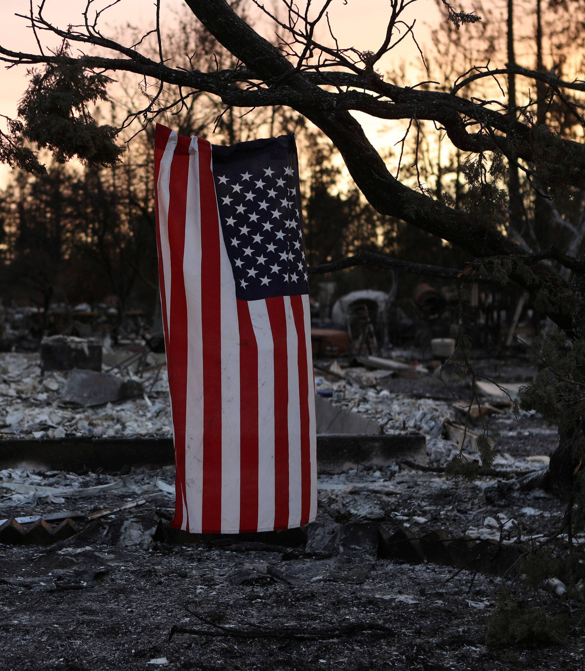 An American flag hangs from a tree in a neighborhood destroyed by wildfire in Santa Rosa, California, U.S.